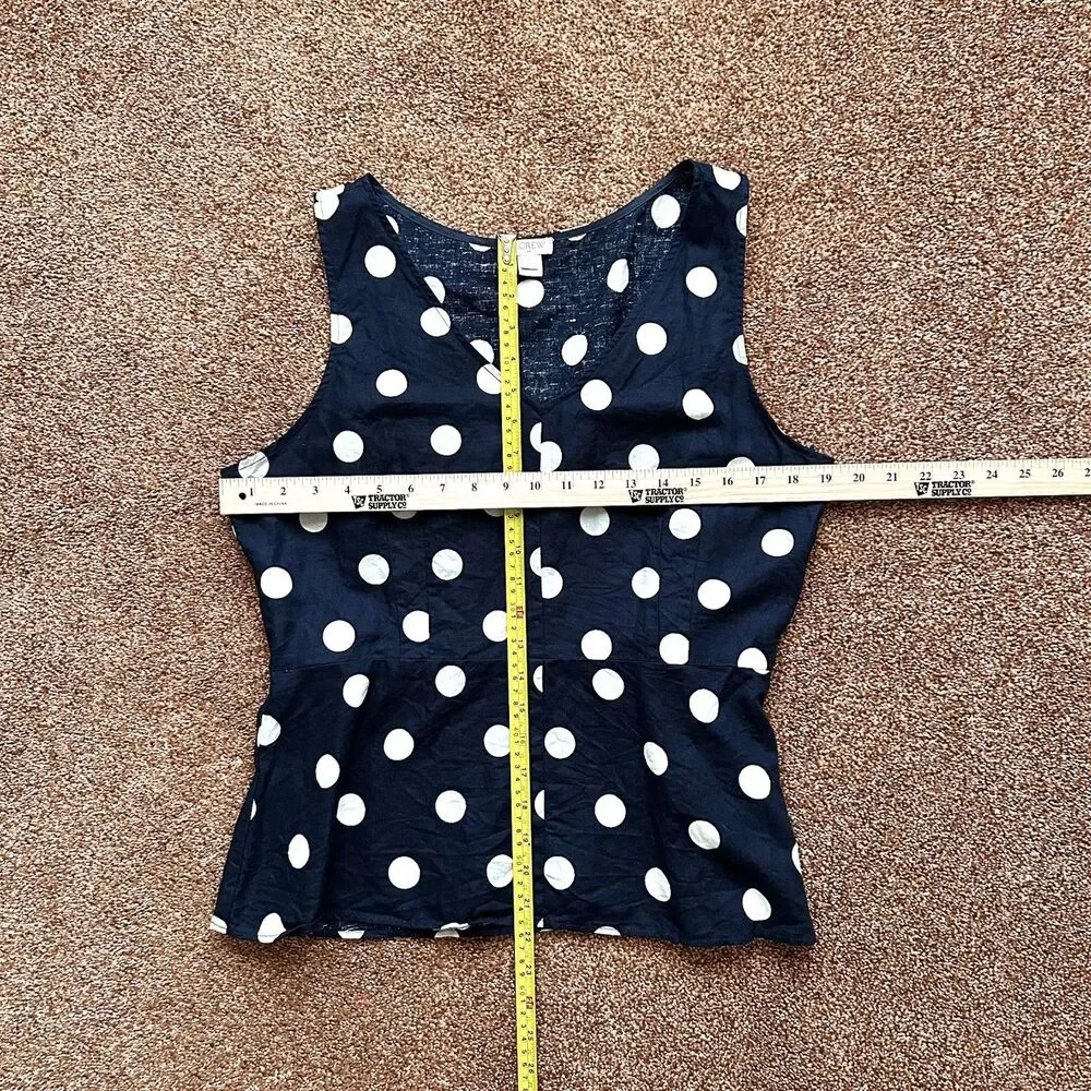 J Crew Top Women's 12 Navy Blue Polka Dot Peplum Linen Cotton Sleeveless Preppy